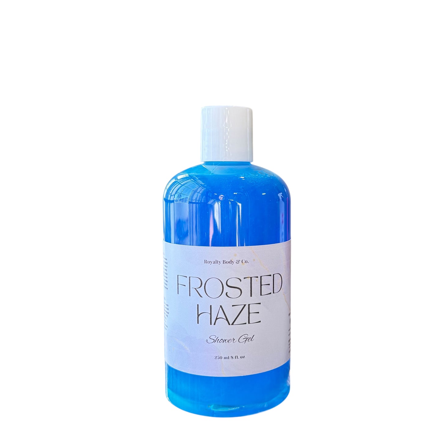 A clear plastic bottle of Frosted Haze Shower Gel by Royally Body & Co. features bright blue gel to hydrate and nourish sensitive skin, labeled with a volume of 236 ml / 8 fl oz.