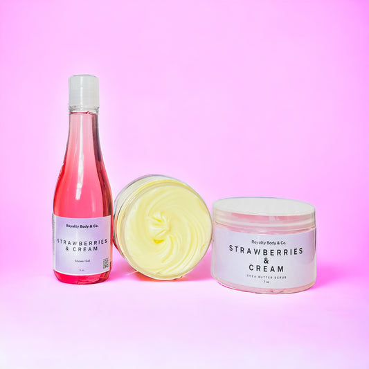 Strawberries and Cream Shower Gel, Body Butter, and Body Scrub Bundle Set